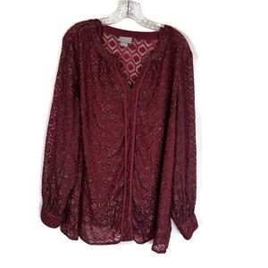Liz Claiborne 2 Piece Geometric Lace Blouse Set Burgundy Women's 2X Plus Size
